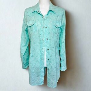The Nu Vintage Womens Aqua Western Eyelet Button Down Shirt Large Cotton